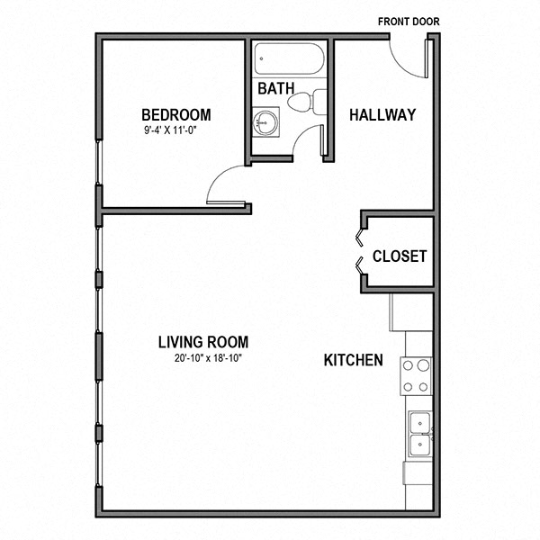 Floor plan for 1 bed, 1 bath, 630 sqft